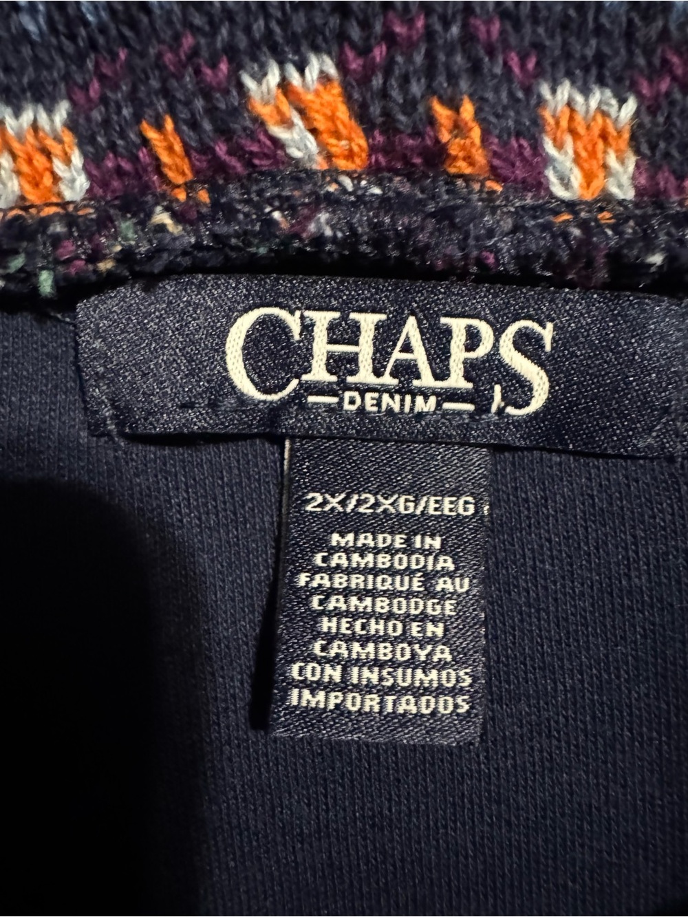 Chaps Navy Cowl Neck Sweater with Multicolor Fair Isle Trim Womens 2X - Picture 3 of 3